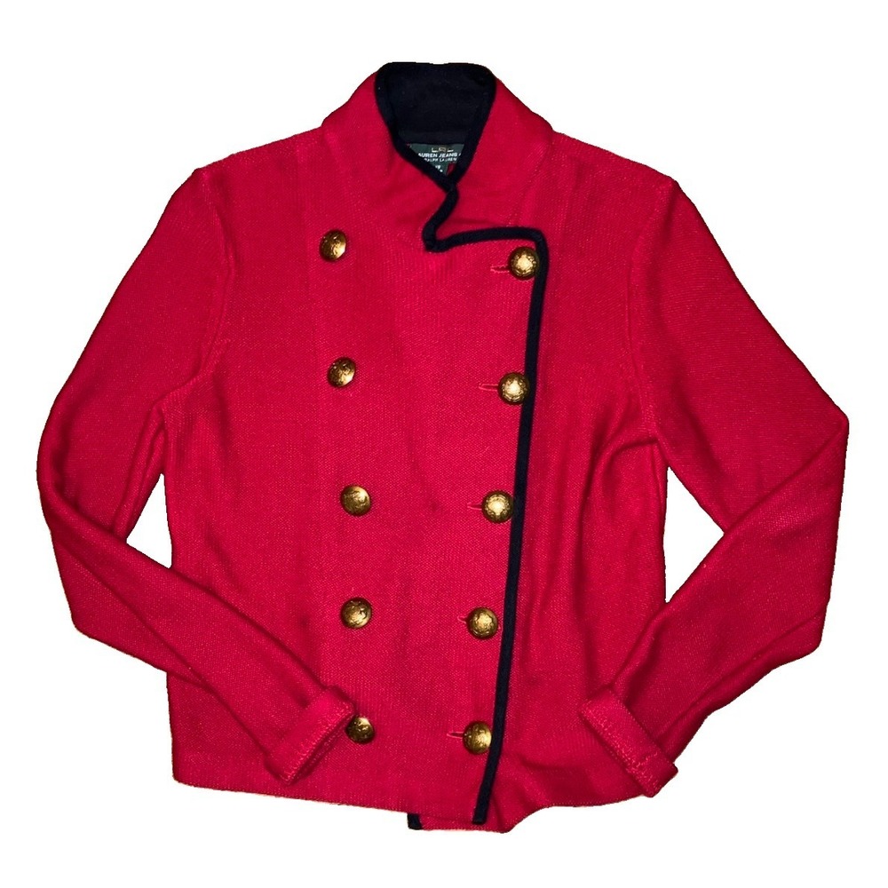 VTG Ralph Lauren Jeans Co Sweater Jacket XS Red Black Sgt Pepper Metal Buttons